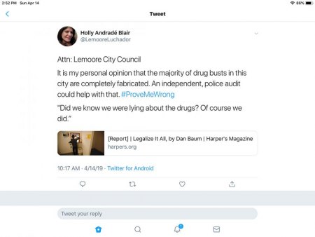 Councilmember Holly Blair's Facebook post regarding opinion about Lemoore drug busts and possible fabrication. (Click on photo to view Harper's Magazine related article)